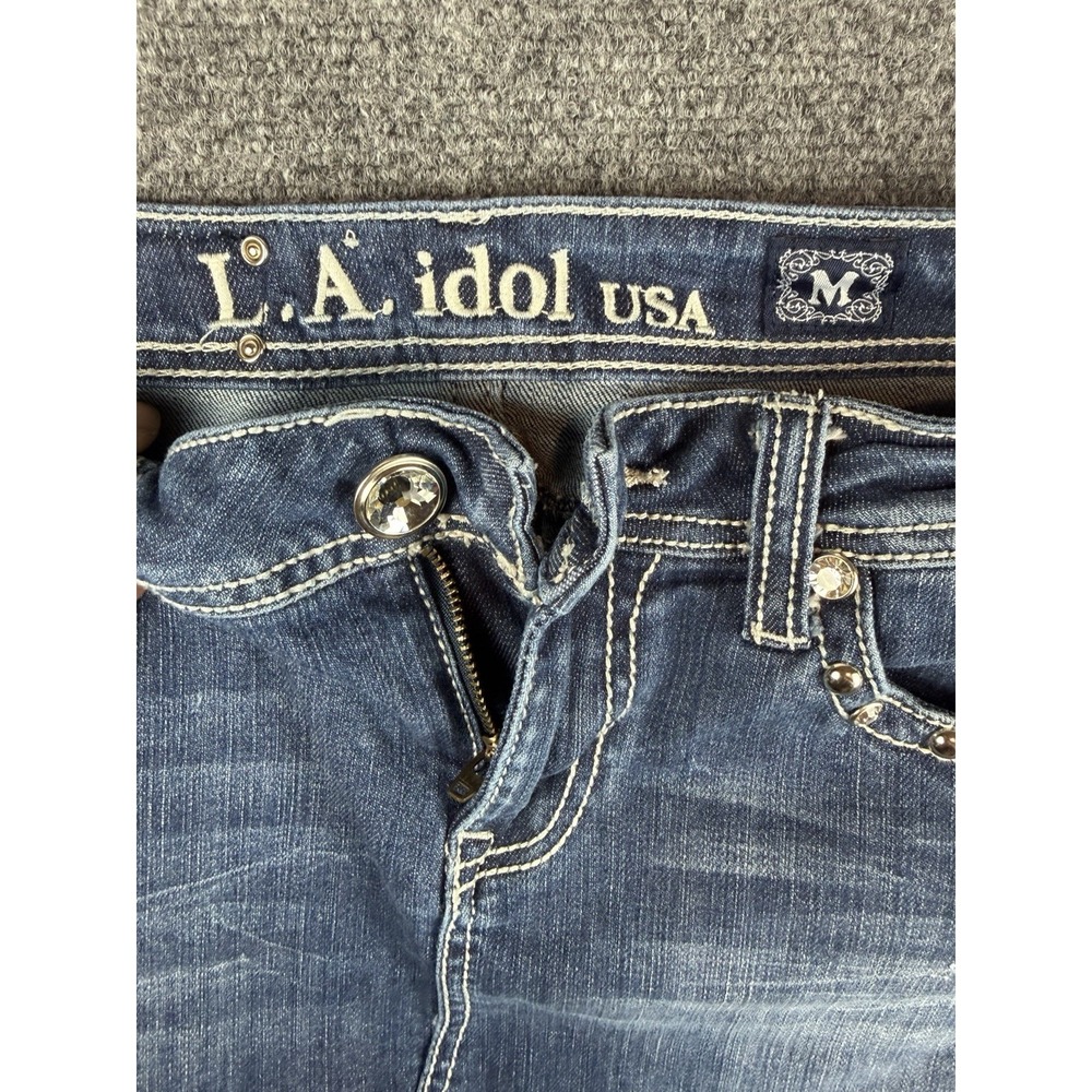 LA Idol USA Denim Mini Skirt Dark Wash Rhinestone Contrast Stitch Size M - Picture 4 of 10